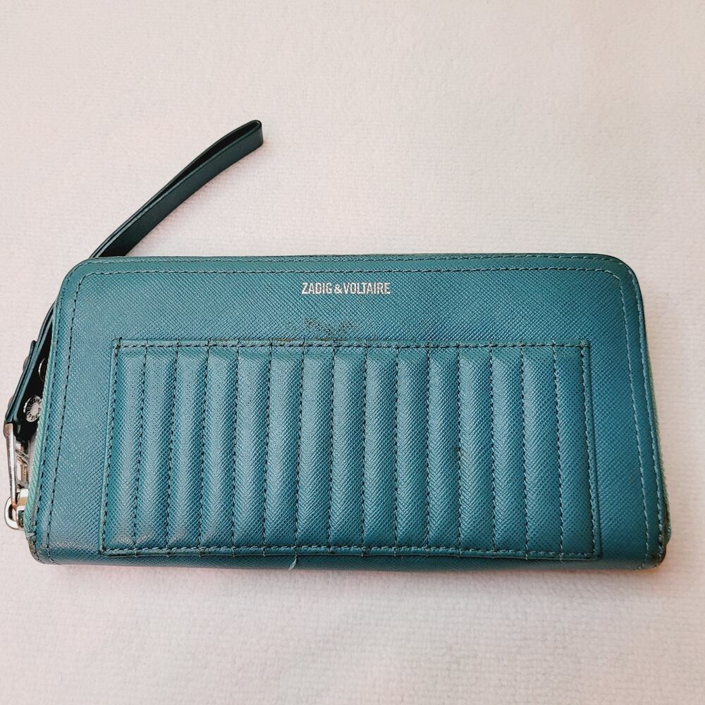 Zadig and Voltaire blue quilted leather wristlet accordion wallet